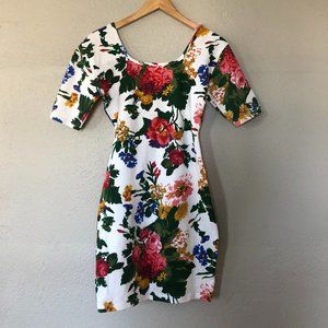 Express Tricot Vintage 1990’s White w/ Floral bodycon dress (Size Large)